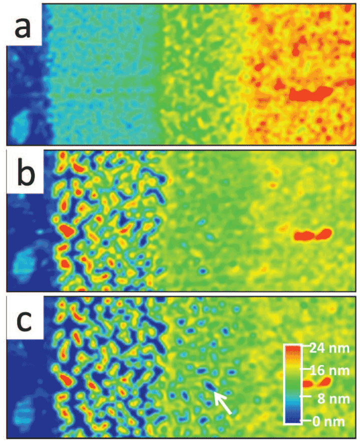 Grafik konnte nicht angezeigt werden (AFM-Bilder einses Stapels aus drei Schichten von Nanokristallen)