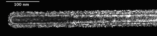 TEM micrograph of a ZnO nanopillar produced by the VLS method (group of Prof. Gerthsen, Karlsruhe). Higher-magnification images show resolved lattice planes revealing perfect crystallinity of the pillar